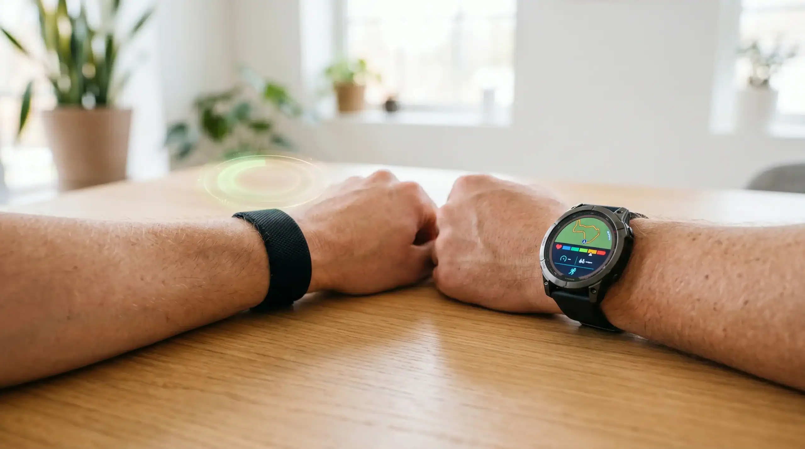 Porównanie opaski Whoop bez ekranu z zegarkiem sportowym Garmin na nadgarstku sportowca